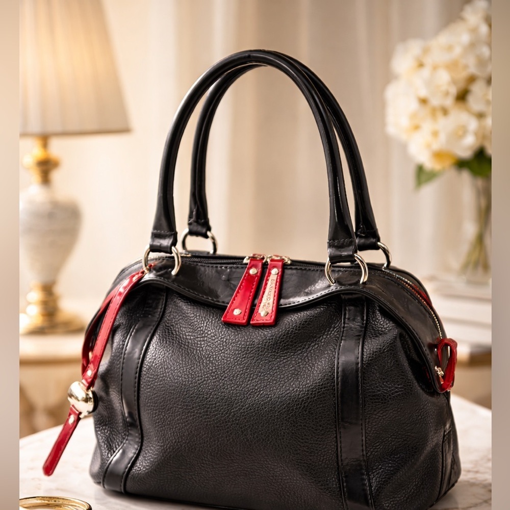Di Gregorio Italian Leather Satchel Black Red Trim Structured Handbag